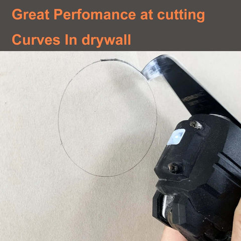 Hemunc drywall blade for oscillating tool; black blade, close-up cutting a circular outline in drywall.
