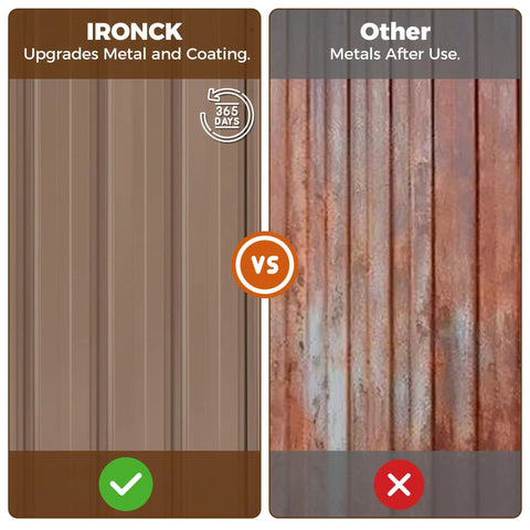 Comparison of two metal panels, one labeled 'IRONCK' showing rust resistance, and the other showing rust, illustrating material quality.