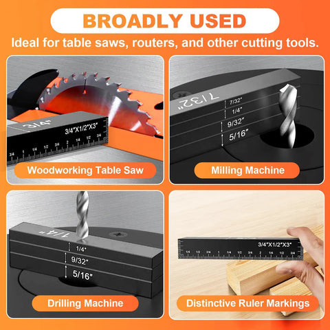 Pro Grade Aluminum Setup Block Kit For Woodworking shown with table saw, milling machine, drilling machine, and ruler markings.
