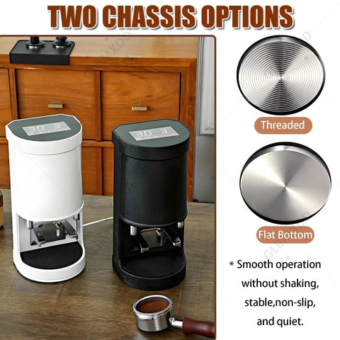 No Sweat Electric Coffee Tamper 58mm Smooth Auto 1 To 3 Cycles With Adjustable 5 To 30 Kg Pressure Built Tough Commercial Espresso Tool For Quick Shots White and black chassis options on a table.