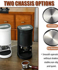 No Nonsense Electric Coffee Tamper 58mm Stainless Steel Press in white and black chassis options on a table.