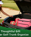 Woman placing Two Layer Golf Trunk Organizer with Separate Ventilated Shoe Compartment in car trunk