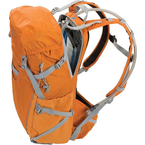 Side view of the Ultra Cinch Camera Chamber Backpack For On The Go Photographers With Padded Secure Gear Compartment in Bright Orange.