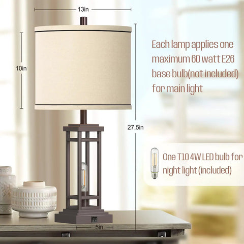 27.5 Inch Tall Farmhouse Table Lamps Set Of 2 With USB C And USB A Charging Ports Rustic Industrial Black End Table Lamps For Bedroom Living Room Nightstand Oil Rubbed Bronze Finish featuring measurements and details displayed in room setting