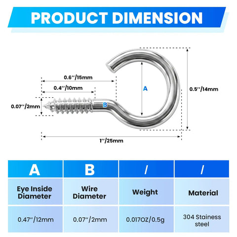 No Sweat Setup 304 Stainless Steel M2 Screw In Eye Bolts dimensions detail, showing eye diameter and wire measurement.