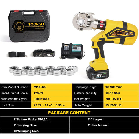 Heavy Duty Rechargeable Electric Wire Crimping Tool With Rotating Swivel Jaw And Complete Mold Kit Battery Powered Cable Lug Terminal Crimper in kit with batteries and dies.