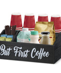 Rustic Coffee Bar Organizer With Storage Bin And K Cup Holder, Double Sided But First Coffee And Coffee Bar Sign holding supplies