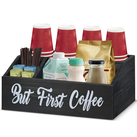 Rustic Coffee Bar Organizer With Storage Bin And K Cup Holder, Double Sided But First Coffee And Coffee Bar Sign holding supplies