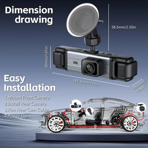 All Around 360 Degree Dash Cam dimensions and installation guide, showing size and placements for optimal coverage.