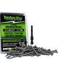 Velocity Exterior 1 1/2 Wood Screws DIY Pack (Size #8) with Hexstix Drive Bit, carbon steel, visible package and scattered screws