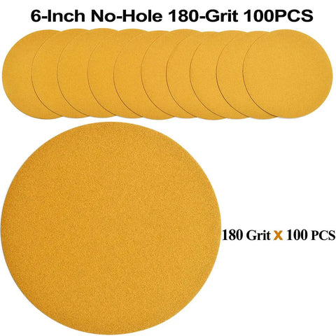 6-Inch No-Hole Hook And Loop Sanding Discs 180 Grit For Automotive And Woodworking, Random Orbital Sandpaper 100 Pack
