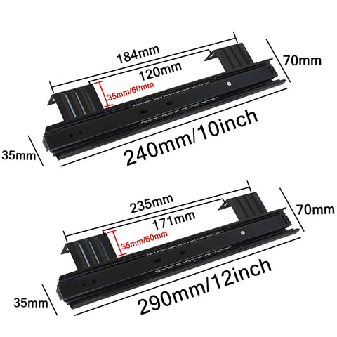 Heavy Duty Rock Solid Metal Drawer Slides 2 Pack Black Steel Runners Ball Bearings For Smooth Full Extension Telescopic Guides Rust Resistant Cold Rolled Steel Build Upgrades Cabinets With Sick Smooth Gliding Action Locks Tight For Tough Home Or Shop. black 10in and 12in drawer slides with size markings