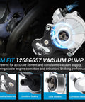 Brake booster vacuum pump front view, OEM fit 12686657, silver housing with black mounting bracket