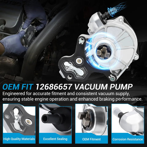 Brake booster vacuum pump front view, OEM fit 12686657, silver housing with black mounting bracket