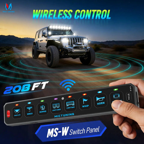 Hand holding Eight Gang Slim Wireless Switch Panel For Cars RVs And UTvs With 208 Feet Range Drill Free Install No Wiring RGB Backlit