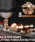 Countersink Drill Bit Set With M35 Cobalt HSS Six Piece Quick Change One Quarter Inch Hex Shank displayed close-up in use on metal.