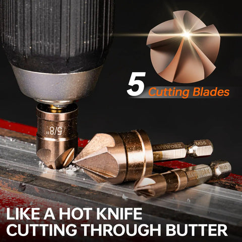 Countersink Drill Bit Set With M35 Cobalt HSS Six Piece Quick Change One Quarter Inch Hex Shank displayed close-up in use on metal.