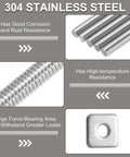 Close-up of Two Pack 304 Stainless Steel Fully Threaded Rods with Square Washers for Furniture Mounting and Assembly