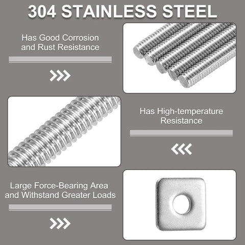 Close-up of Two Pack 304 Stainless Steel Fully Threaded Rods with Square Washers for Furniture Mounting and Assembly