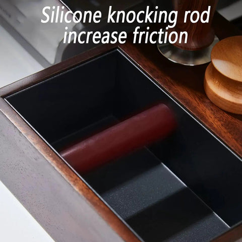 Heavy Duty Espresso Knock Box With Dedicated Tamper Dock Solid Wood Grind Catch Cup No Sweat Dosing Tray For A Clean Home Barista Kitchen Counter Setup showing silicone knocking rod for enhanced friction.