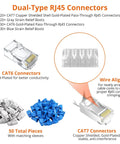 Image showing dual-type RJ45 connectors kit with CAT7 and CAT6 connectors, strain relief boots, and a wire aligner.