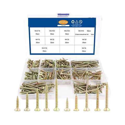 Flat Head Self Tapping Wood Screws Kit Zinc Plated M3.5 M4 251 Pieces Dual End Locking Thread Design in plastic case