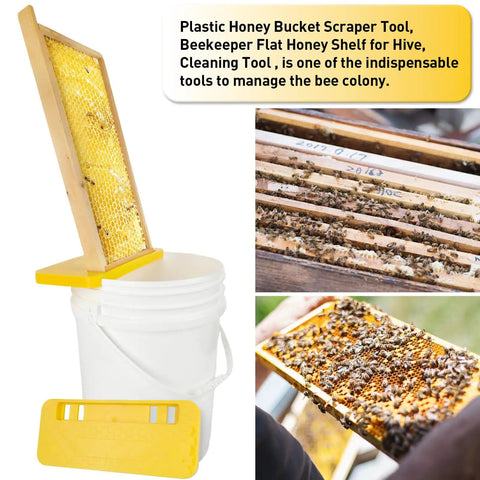 Beekeeping Honey Uncapping Tank Holder For Easy Harvesting And Frame Scraper, mounted on a 5-gallon bucket, stabilizing honeycombs.