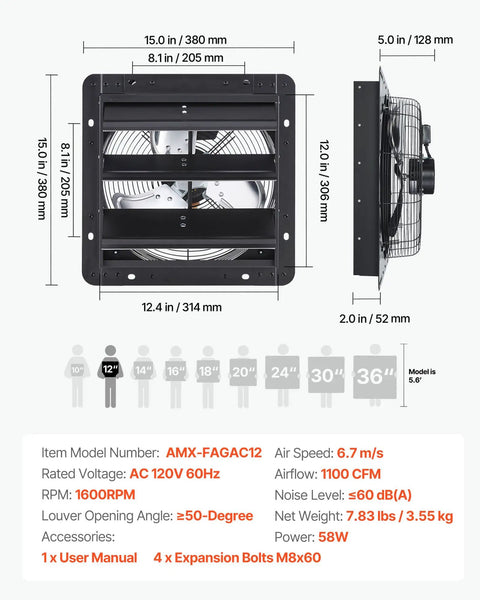 12 Inch Shutter Exhaust Fan for Attics and Workshops, Wall Mounted With Stepless Variable Speed Control, 1100 CFM