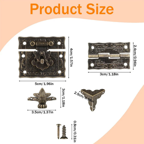 Antique Engraved Latch Hasp Hinges And Box Corner Protectors Hardware Kit dimensions with vintage bronze finish