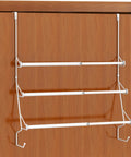 Adjustable Over The Door Towel Rack With Hooks For Bathroom Telescoping Crossbar Adjusts From 12.9 To 23.5 Inches, white finish.