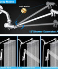 Diagram of All Metal Rain Shower Head And Handheld Spray Combo With High Pressure Square Head 13 Inch Extension Arm 78 Inch Hose showing 3 spray modes