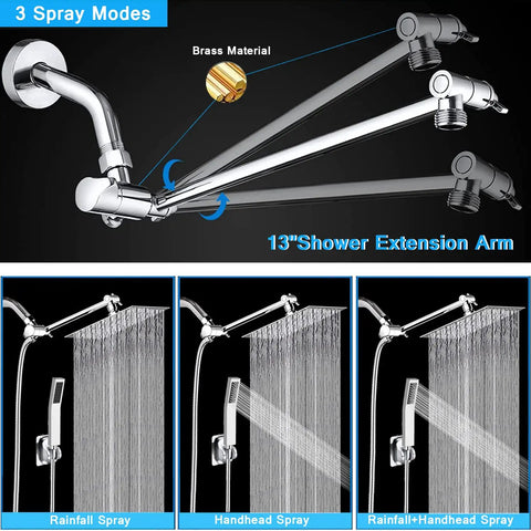 Diagram of All Metal Rain Shower Head And Handheld Spray Combo With High Pressure Square Head 13 Inch Extension Arm 78 Inch Hose showing 3 spray modes