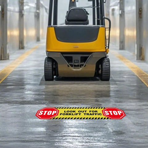 Five Pack Heads Up Watch Out For Forklift Traffic Floor Stickers 24 By 6 Inches Caution Safety Sign on warehouse floor near forklift
