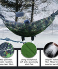 Ultralight 4 Season Hammock Underquilt For Camping And Backpacking Insulated Portable Underquilt With Camouflage in use outdoors