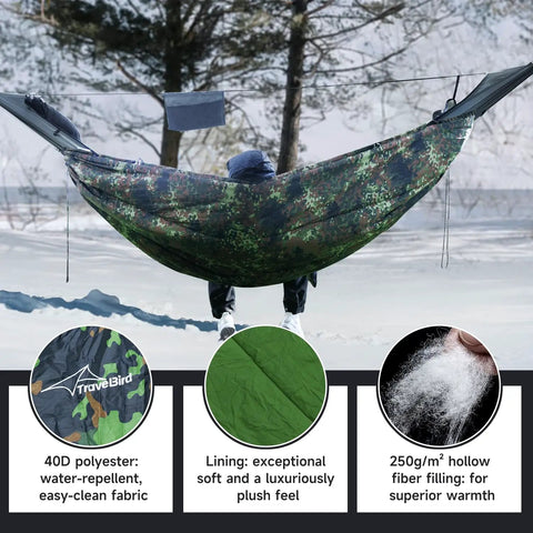 Ultralight 4 Season Hammock Underquilt For Camping And Backpacking Insulated Portable Underquilt With Camouflage in use outdoors