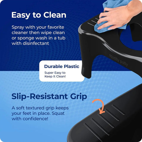 Text highlighting features of Toilet Stool That Elevates Your Poop Game, Curve Lightweight And Sleek Black 7 Inch Design with easy clean and grip