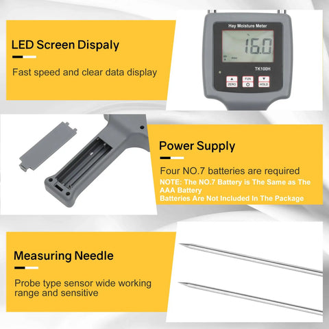 Portable Hay Moisture Tester Probe With Quick 1 Second Reading, Precise Hay Moisture Meter For Bales, 0 To 80 Percent Range, Temperature Humidity Compensation, High Accuracy 0.5 Percent, Easy Field Use On The Go To Prevent Spoilage, gray handheld with display and probe