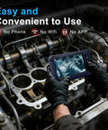 Mechanic using Endoscope Camera With Light 1920P HD Three Lens Borescope For Hard To Reach Spots displaying engine internals