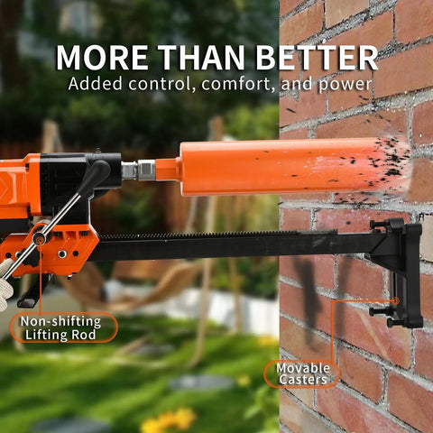 Diamond Core Drilling Machine With Bit For Wet Concrete Heavy Duty 8 Inch Core Drill Rig With Stand Wheel 750 RPM One And One Quarter Inch Thread Lifting Handle Drilling Diameter For Concrete Brick Stone drilling into brick wall.