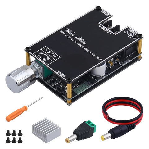 Bluetooth Enabled Mono Power Amplifier Module 100W For DIY Audio Projects With TPA3116D2 Chip, Drives Passive Speakers 20 To 100W 3 To 8 Ohm, DC7 To 24V, Ultra Low THD Under 0.3 Percent, Compact HiFi Amplifier Board, black PCB with knob and accessories