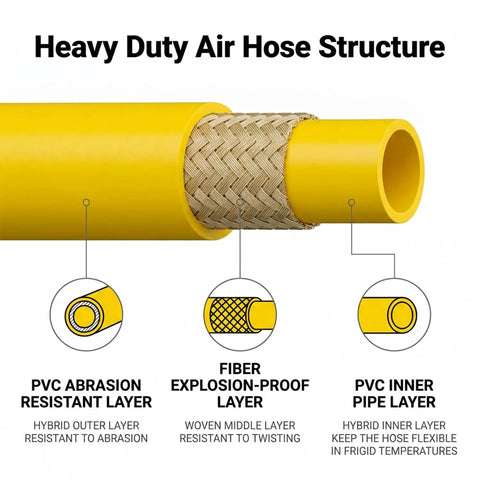 Heavy Duty 3/8 Inch By 25 Ft Hybrid Air Compressor Hose With Kink Resistant Build And Solid Brass Male Fittings structure detailing layers.
