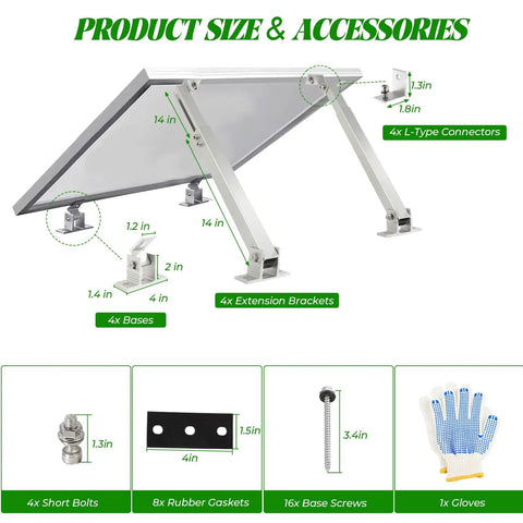 Two Pack Adjustable Solar Panel Tilt Mount Brackets Kit For 14 To 27 Inch Rails showing bases, brackets, connectors and accessories