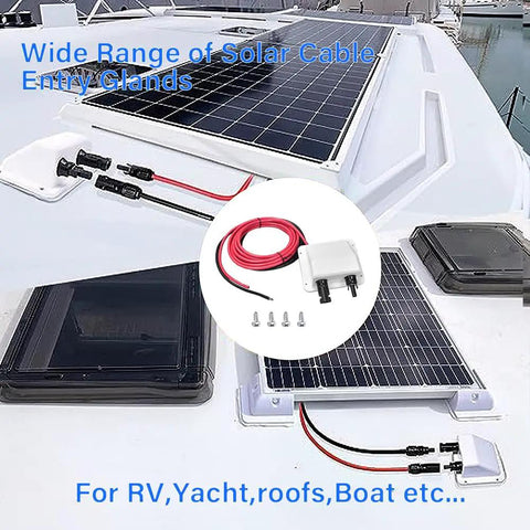 Installed Solar Cable Entry Gland With 10ft Solar Extension Cable Featuring MC4 Connector 10 AWG UV Resistant ABS on RV roof
