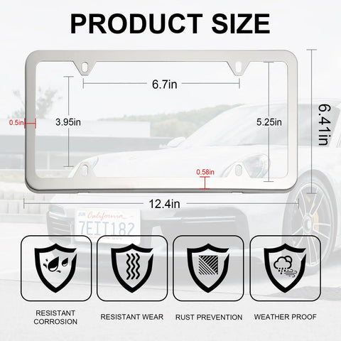 Diagram showing product size dimensions for Stainless Steel License Plate Frames With 4 Holes 2 Pack Bolt And Gasket Cover