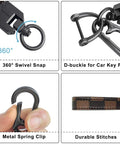 Leather Car Key Chain With Carabiner Clip And Key Fob Grid Brown Durable Premium Leather Keychain For Home And Car Keys Everyday Carry Accessory For Men And Women Rust Resistant Zinc Alloy Hardware showing swivel snap, D-buckle, metal spring clip, and stitching details.