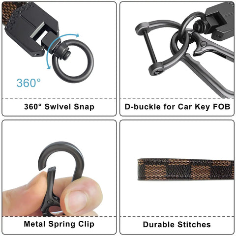 Leather Car Key Chain With Carabiner Clip And Key Fob Grid Brown Durable Premium Leather Keychain For Home And Car Keys Everyday Carry Accessory For Men And Women Rust Resistant Zinc Alloy Hardware showing swivel snap, D-buckle, metal spring clip, and stitching details.