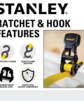 One Inch X Twelve Foot Ratchet Straps Four Pack Featuring Ergonomic Padded Grips And Heavy Duty Black Steel Clamps close-up of ratchet features.