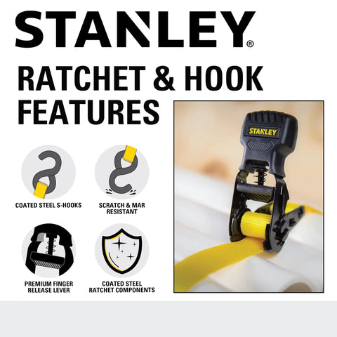 One Inch X Twelve Foot Ratchet Straps Four Pack Featuring Ergonomic Padded Grips And Heavy Duty Black Steel Clamps close-up of ratchet features.