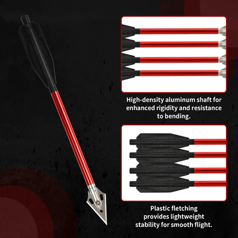Red 6.6 Inch Aluminum Mini Crossbow Bolts Set, 12 Pack, 50-80 LB Draw, Replaceable Sharp Blade Tips, and plastic fletching