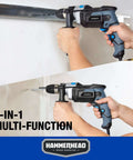 Hammerhead 7.5-Amp 1/2-in variable-speed hammer drill with 6-bit set; blue and black corded drill shown in two views.